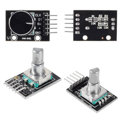 4 Pack KY 040 Rotary Encoder Modules with aluminum knob caps for DIY microcontroller projects, 360 degree rotation, breadboard friendly