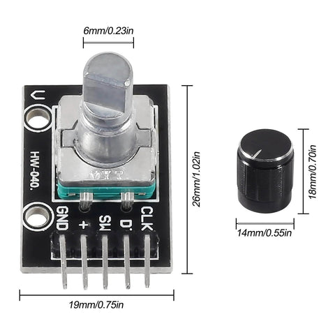 4 Pack KY 040 Rotary Encoder Modules With Knob Caps For DIY Microcontroller Projects, showing dimensions and aluminum knob cap