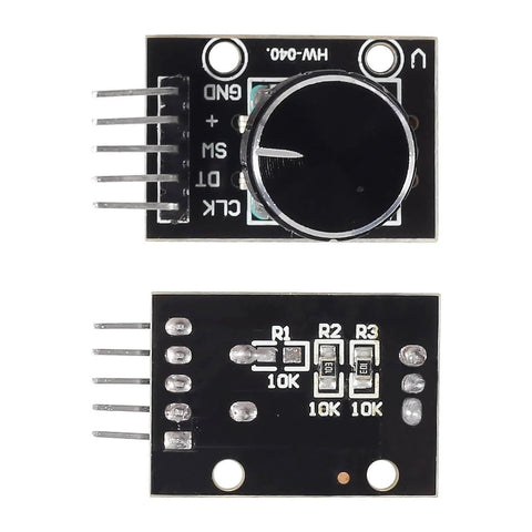 Front and back view of 4 Pack KY 040 Rotary Encoder Modules With Knob Caps For DIY Microcontroller Projects, 360 Degree Rotation