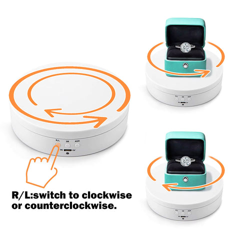 Motorized rotating display stand with switch controls and arrow guide, showcasing jewelry on NBK MJC-65CSK-GR Jaw Type Flexible Coupling display.