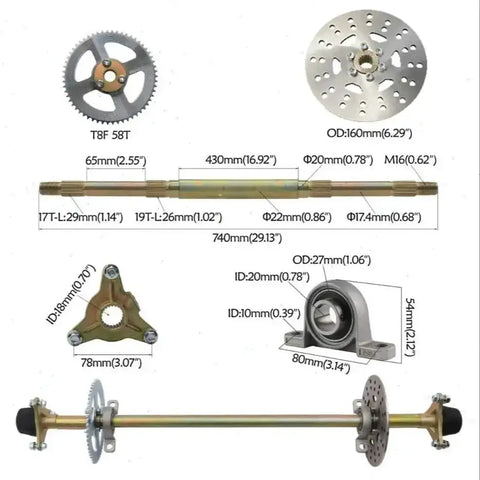 740mm Go Kart Rear Axle Kit Complete with Brake Assembly and T8F Chain Sprocket for DIY Go Kart Quad Trike and Golf Cart Build