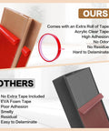 Comparison of adhesive tape options with features highlighted, contrasting high adhesion, no residue acrylic tape versus EVA foam tape.