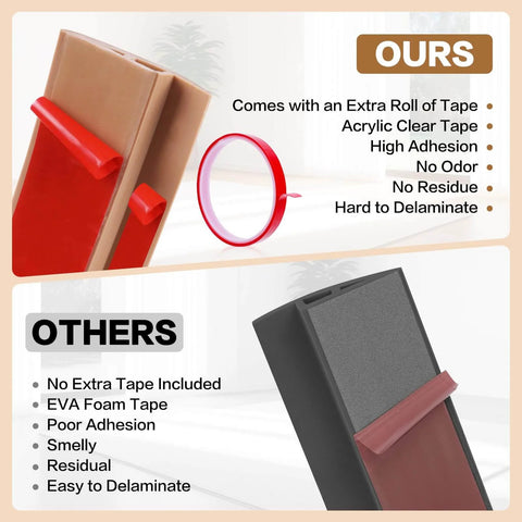 Comparison of adhesive tape options with features highlighted, contrasting high adhesion, no residue acrylic tape versus EVA foam tape.