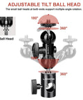 Two Pack Light Stand Mount Adapter With Double Ball Head, showing 360° and 180° rotation, for lights and microphones, 1/4 inch screw.