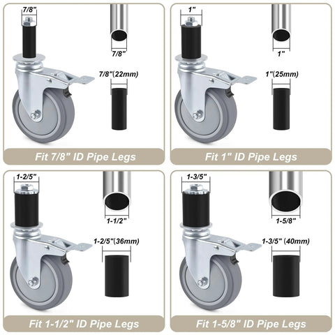 Four Inch Universal Adjustable Caster Wheels Set With Brakes For Tube Legs From 7/8 Inch To 1-5/8 Inch Fits Stainless Steel Tables Carts