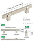 Adjustable Drawer Pulls 5 Pack In Brushed Nickel showing detailed dimensions and design in front, side, and top views.