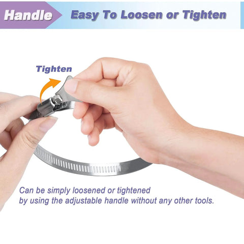 Hands adjusting One Inch Hose Clamp Set, Ten Pack Adjustable From Four Fifths Of An Inch To One And A Half Inches, Easy Turn Thumb Screw, 304 Stainless Steel Hose Clamps for automotive use.