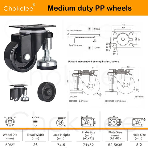 Diagram and side view of 2 Inch Leveling Plate Caster Wheels With Adjustable Anti Vibration Leveling Feet, Heavy Duty Swivel Casters With Non Marking Polyurethane Wheels, Double Ball Bearings, Ideal For Workbenches, Machinery, And Furniture, Set Of 4, Total Capacity 480 Lbs.