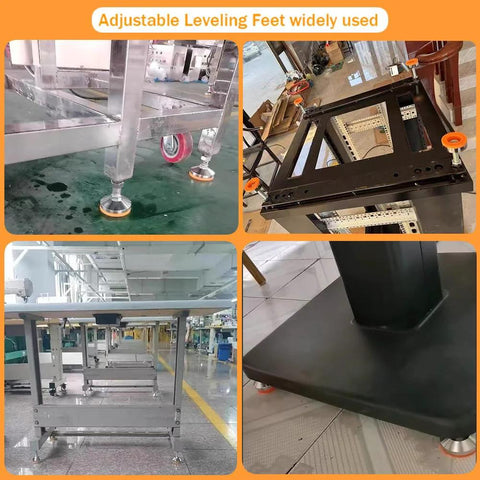 Heavy Duty Adjustable Leveling Feet Set for Workbenches Machines and Cabinets, 4 Pack, visible installed under machinery and workbenches.