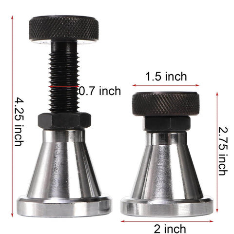 Two pack adjustable screw jack set provides precise leveling for milling and drilling machines, height adjustable from 2.75 to 4.25 inches, 2 inch diameter, 5 ton capacity, rugged 45 steel for stable, reliable support
