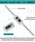 Adjustable Tap Wrench Handle For M6 To M20 And One Quarter To Three Quarter Inch Taps showing adjustable jaws and fixed handle.