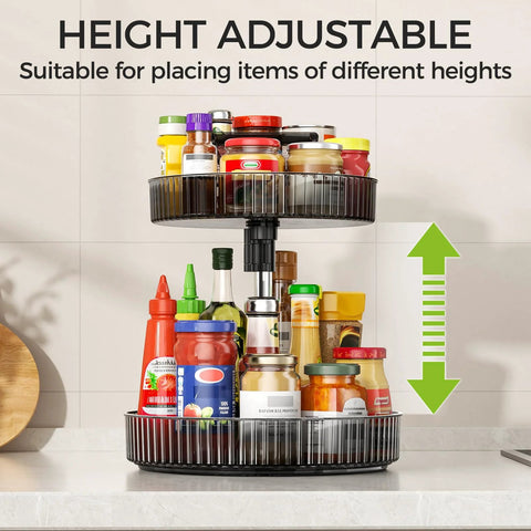Two Tier Rotating Spice Rack Turntable for Kitchen Cabinet Pantry and Countertop with condiments and sauces displayed.