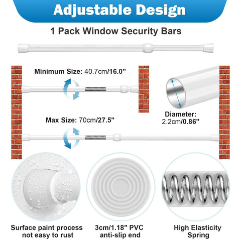 Adjustable Window Security Bar For Sliding Glass Doors With Rubber Tips, Tension Rod, Extends From 15.7 To 27.5 Inches, 1.2 Inch Diameter features.
