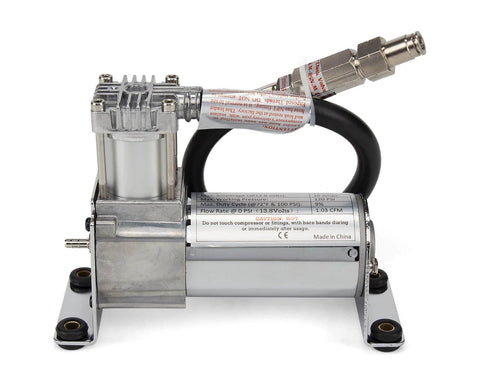 Side view of the Air Lift 16092 Air Compressor System showing metal cylinder and attached hose with fittings.