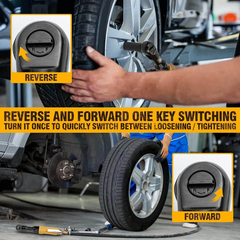 3/8-Inch Air Ratchet Wrench in use for auto maintenance, focus on reverse and forward key switching, professional pneumatic wrench