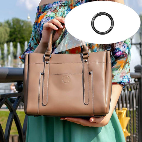 Brown handbag with 24 Pack Spring O Rings With Trigger Snap Buckles Keychain Rings For Bags And Purses 1 Inch Alloy Rings in Gray shown