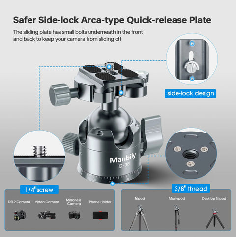 Low Profile 36mm CNC Aluminum Ball Head For Tripod And Monopod 360 Degree Panorama with quick-release plate and side-lock