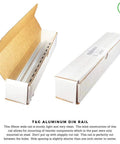 Effortlessly link modules on standard DIN rails with this 12 inch slotted aluminum connector kit, showing box packaging.