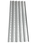 Five-piece DIN rail slotted aluminum connector kit provides secure mounting and precise alignment for components on standard 35 mm wide DIN rails