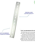 Image of a 12-inch slotted aluminum connector kit for DIN rails, RoHS compliant, showing clean cut edges and quality construction.
