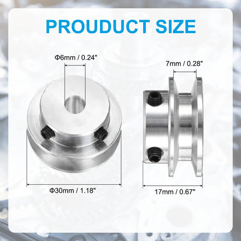 Aluminum Fixed Bore Pulley 6mm Bore 30mm Outer Diameter With 7mm Groove For 5 6mm PU Belts shown with dimensions