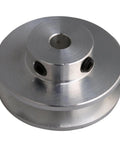 Aluminum single groove pulley 31mm diameter 5mm bore for 3-5mm PU round belts in DIY machines like hobby mills, close-up view.