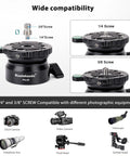 Aluminum Leveling Base With 62mm Half Ball Platform For Camera Tripod Head, shown with 1/4 and 3/8 inch mount compatibility