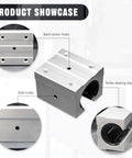 Experience smooth, precise motion with this four piece SBR16UU aluminum linear bearing block set for SBR16 guide rails, showcasing back screw holes, side holes, and roller skating bearings for CNC machines and 3D printers.