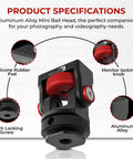 Aluminum Mini Ball Head With 360 Degree Rotation for Cameras Phones Monitors LED Lights specifications diagram