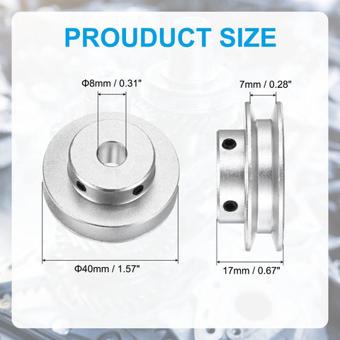 Diagram of fixed-bore aluminum pulley with an 8mm bore and 40mm OD, 7mm groove suitable for 5-6mm PU belts, silver finish.
