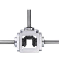 Bevel Gearbox 90 Degree Right Angle 1 To 1 Reversing Gearbox With Dope Dual Output Shafts, 1 Module 20 Teeth Bevel Gear, Aluminum Frame, 8mm Shaft, Simple Mechanical DIY Module, Lightweight Durable Gearbox By UXCELL in front view.