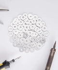 Pop Back Up Washers For 1/8 Inch Rivets Corrosion Resistant Aluminum 255 Pcs displayed with tools on a white background.