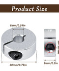 Lightweight aluminum shaft collar set, 6mm bore, 20mm OD, 8mm thickness, side view with M4 screw and size details