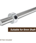 Lightweight aluminum shaft collar set, 6mm bore with 20mm outer diameter and 8mm thickness, installed on steel rod, shaft not included