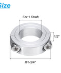 Image of Double Split Shaft Collar Clamp for One Inch Shaft Aluminum Two Piece Clamp Fits 1 Inch Shaft with 1.75 Inch Outer Diameter and 0.5 Inch Thickness, showing specifications.