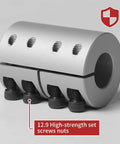 Aluminum rigid shaft coupling, 14mm to 14mm, clamp-on, silver finish with four set screws