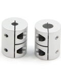 Durable two piece aluminum shaft couplings for 5 to 8 mm shafts, 25 mm long, 20 mm diameter with screw type clamp for precise torque transfer.