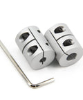Durable two piece aluminum shaft couplings for 5 to 8 mm shafts, 25 mm long and 20 mm diameter, with screw type clamp and wrench included.