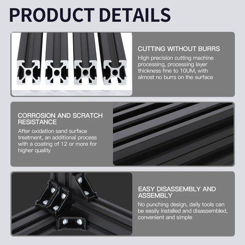 Product details of 1220mm EU Standard Anodized 2020 T Slot Aluminum Rail for CNC Machines showing features like cutting without burrs, corrosion resistance, and easy disassembly.