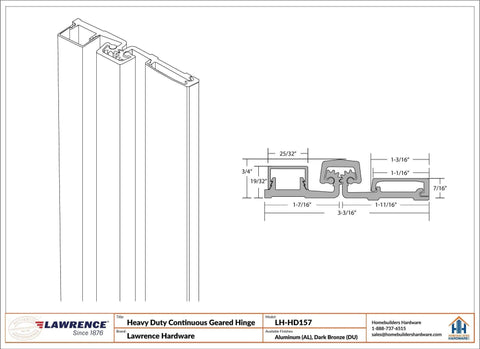 Technical drawing of 83 Inch Continuous Geared Full Surface Anodized Aluminum Door Hinge with detailed measurements.