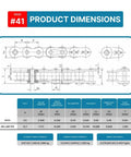Technical diagram of ANSI #41 Roller Chain Connecting Links with product dimensions and specifications.