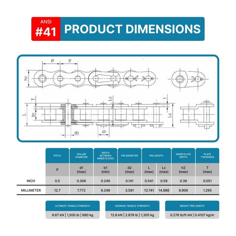 Technical diagram of ANSI #41 Roller Chain Connecting Links with product dimensions and specifications.
