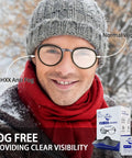 Person wearing glasses with clear lenses using Anti Fog Lens Wipes For Glasses And Sunglasses And Screens 240 Count, showing no fog effect.