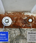 Front view of M5 x 10mm OD flat washers, 304 stainless steel; two washers on a rusted plate, left bright, right rusted.