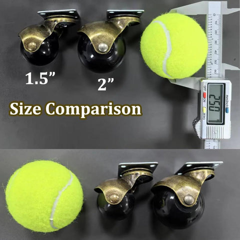 Size comparison of Ball Caster Wheels Set Of 4, 2 Inch Swivel Furniture Castors with Antique Brass Top Plate next to tennis ball.