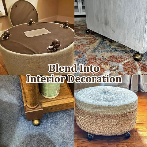 Ball Caster Wheels Set Of 4, 2 Inch Swivel Furniture Castors With Antique Brass Top Plate installed on various furniture pieces.