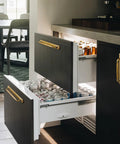Kitchen drawers with antique brass drawer pulls and backplate, showcasing center-to-center 5.04-inch zinc alloy cabinet hardware. 