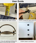 User guide showing installation steps for 4 Pack Antique Brass Bail Drawer Pulls Oval Drop Swing Handles for dresser cabinet.