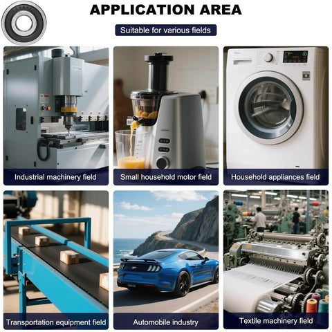 Application area of 10 Pack 6200-2RS Double Rubber Seal Deep Groove Ball Bearings 10x30x9mm in various industries.