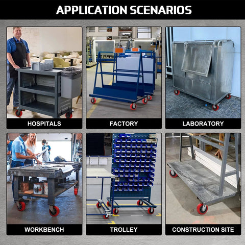 Application scenarios showcasing 6 Inch Heavy Duty Polyurethane Caster Wheels Set of 4 in various settings like hospitals, factories, and construction sites.